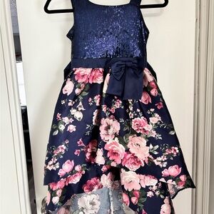 Bonnie Jean Navy Floral Mikado Sequin Bodice High Low Hem Girls Size 10 Dress